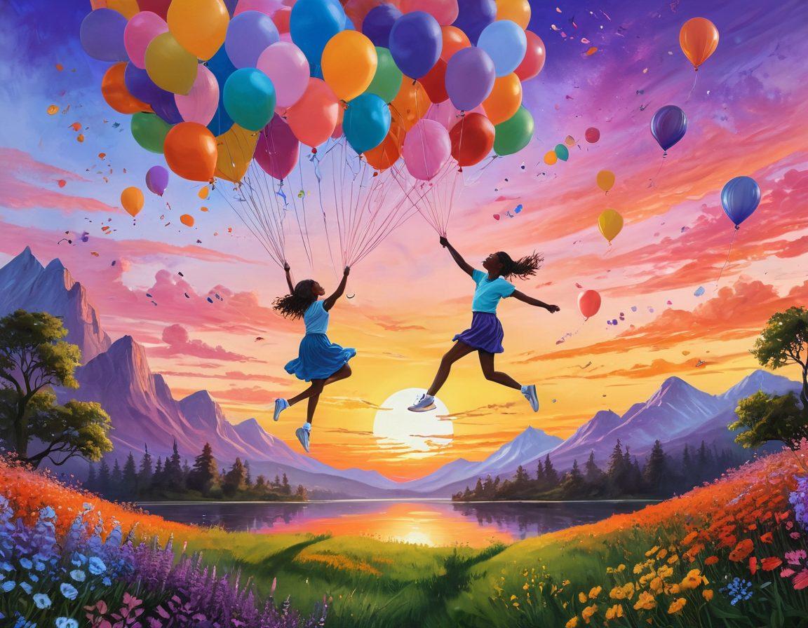 A whimsical landscape featuring a vibrant imagination represented by colorful thoughts and ideas floating in the air, a person joyfully dancing amidst them, surrounded by art supplies and nature. The background shows an inspiring sunset blending warm colors, symbolizing creativity. Overall, encapsulate the essence of a personal lifestyle journey full of inspiration and expression. super-realistic. vibrant colors. painting.