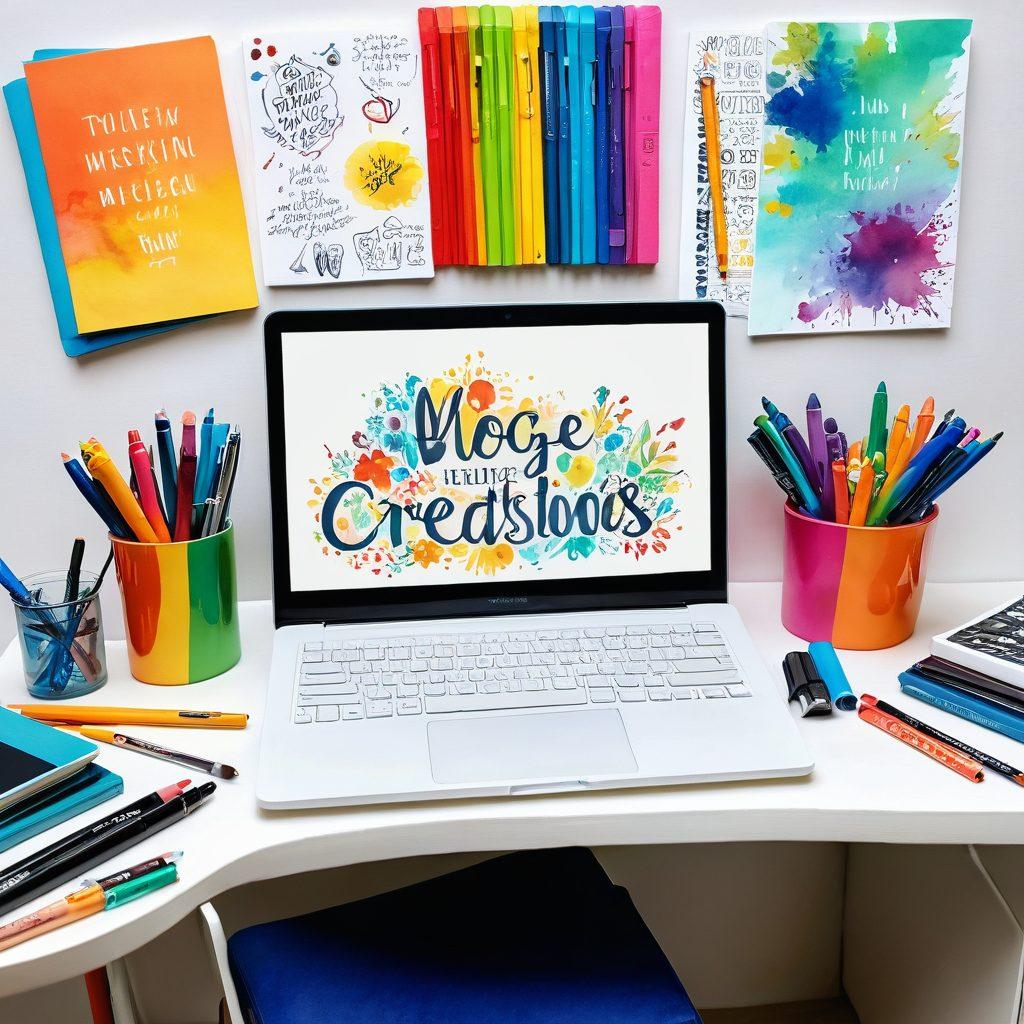 A colorful and imaginative workspace showcasing a diverse array of creative tools like notebooks, pens, paints, and a laptop displaying a vibrant blog interface. Surround the workspace with whimsical elements, such as floating thoughts, sketches in the air, and inspirational quotes in bright, playful fonts. The scene should convey a sense of freedom and limitless creativity. watercolor. vibrant colors. soft background.