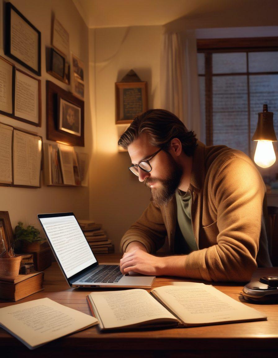 A tranquil scene depicting a writer sitting at a vintage desk surrounded by open notebooks and a glowing laptop, immersed in thought under a warm lamp. In the background, a wall filled with framed inspiring quotes and vibrant illustrations from various life experiences. The ambiance should evoke creativity and reflection, with soft golden hues and rich textures. super-realistic. warm colors. cozy atmosphere.